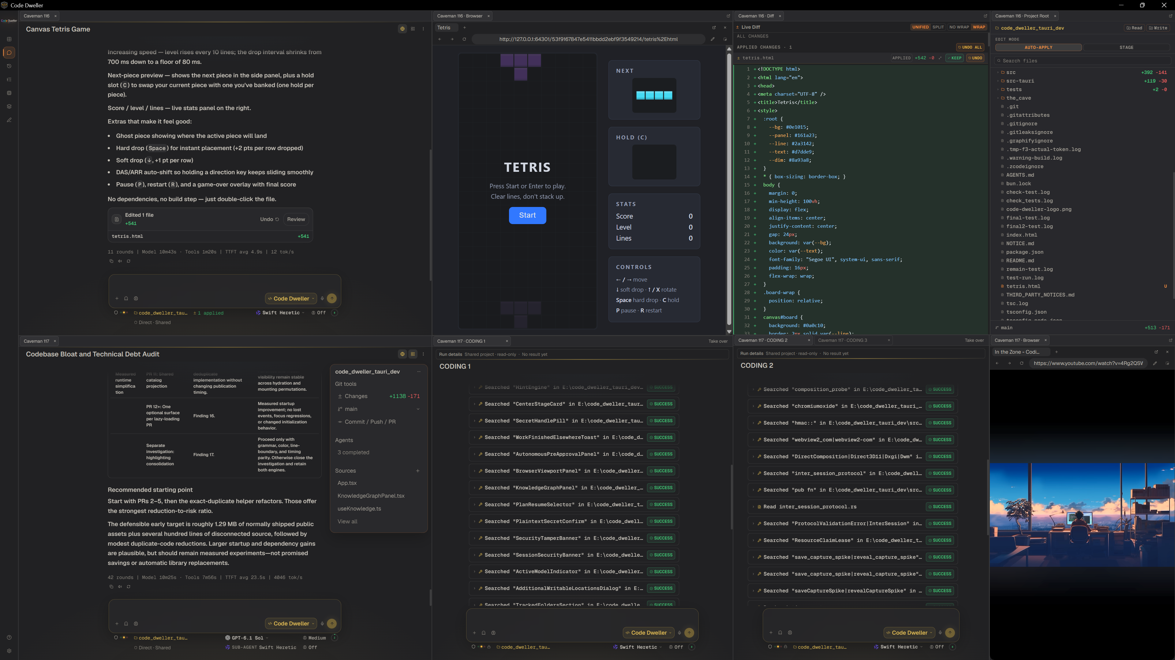 Code Dweller with parallel sessions: a Tetris game the agent built running in the built-in browser, its live diff, a project file tree with per-folder change counts and an Auto-apply or Stage switch, and coding subagents on a mix of local and frontier models.